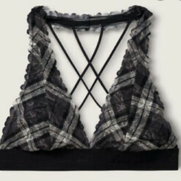 NWT 2PC PINK VICTORIA SECRET BRALETTE LACE THONG BLACK WHITE PLAID BANDANA SMALL - Picture 12 of 12